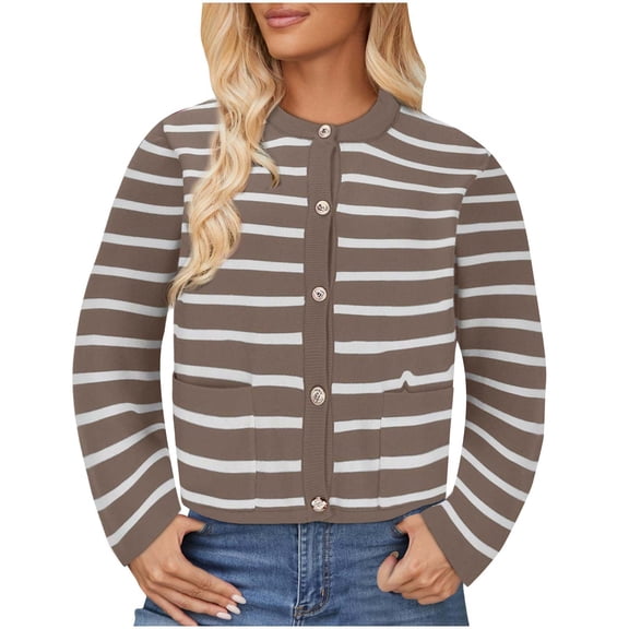 TaTaai Women's Striped Loose Cardigan Long Sleeve Round Neck Casual Sweater Jacket for Fall Winter
