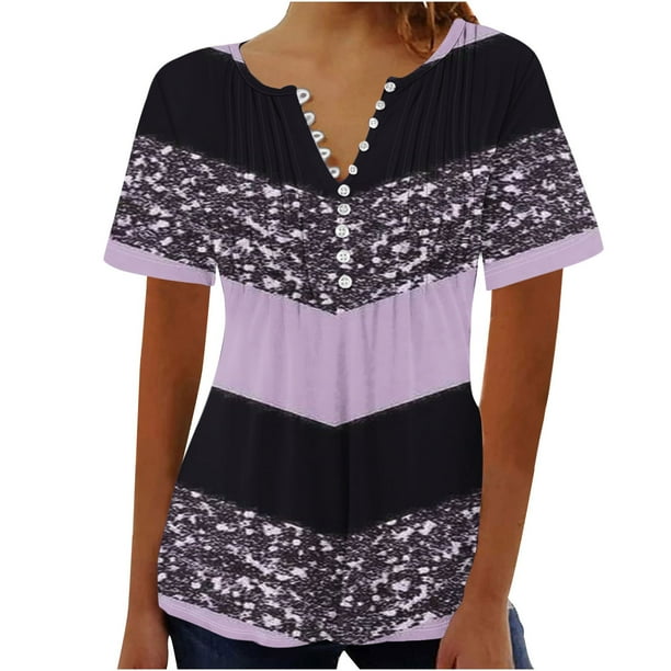 Tops de Algodón para las Mujeres Impreso en V-Cuello Botón Arriba Manga Corta Superior, Imitación Algodón Casual Blusa