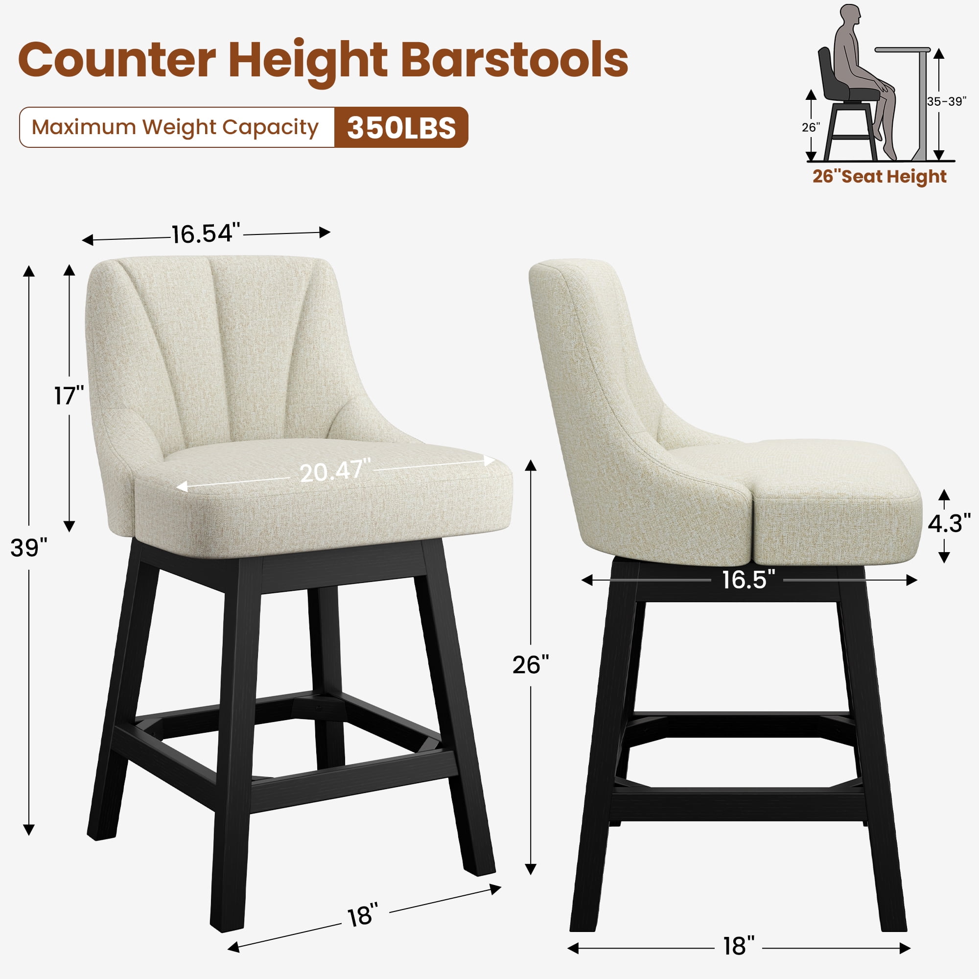 LainTene 26" Swivel Bar Stools with Backs, 26" Counter Height Bar Stools, Extra Upholstered Counter Barstools with Square Solid Wood Legs for Kitchen Island, Dining Room