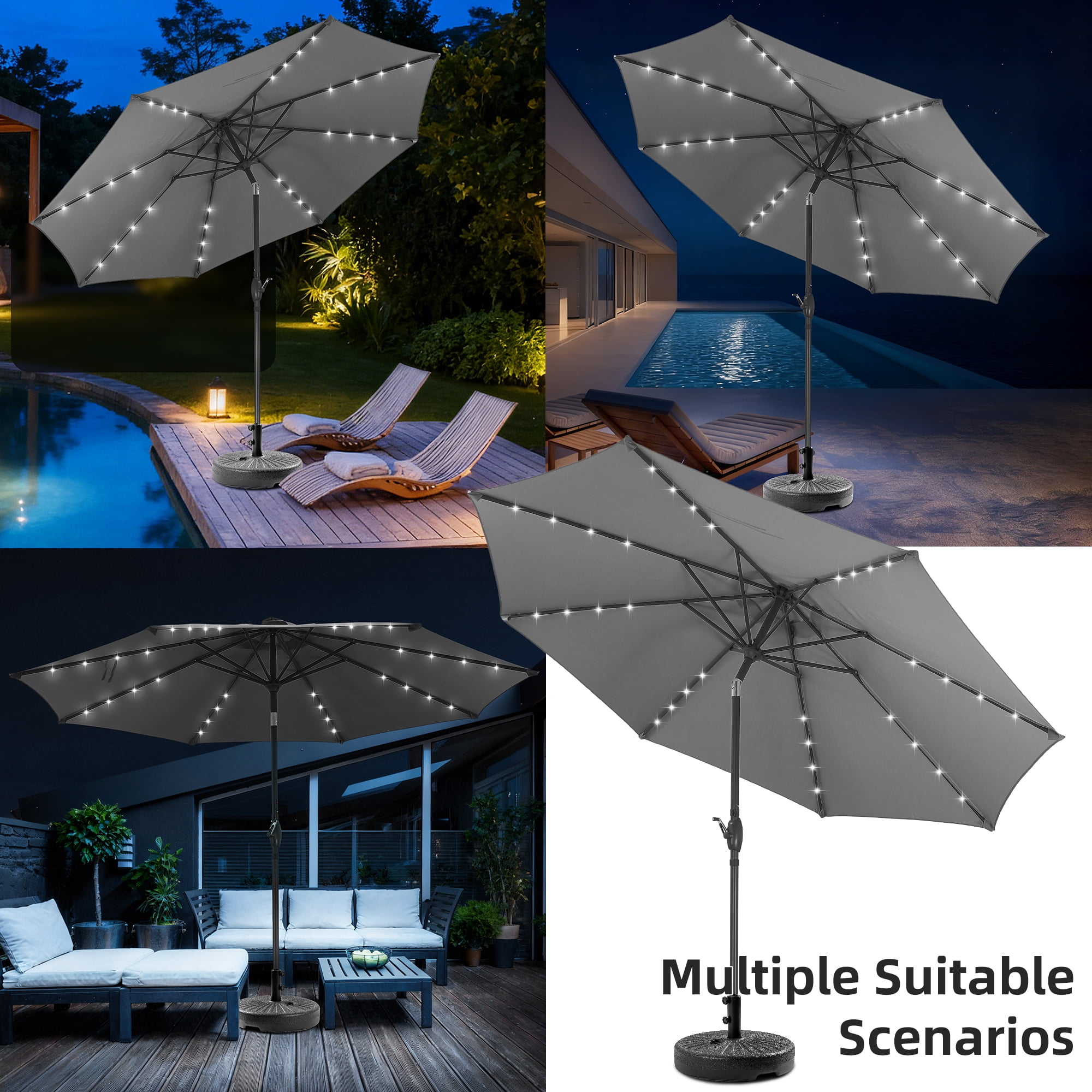 Autlaycil 10 FT Patio Umbrella with Base, Steel Tilt and Crank, Includes 32 Solar LED Lights, Grey