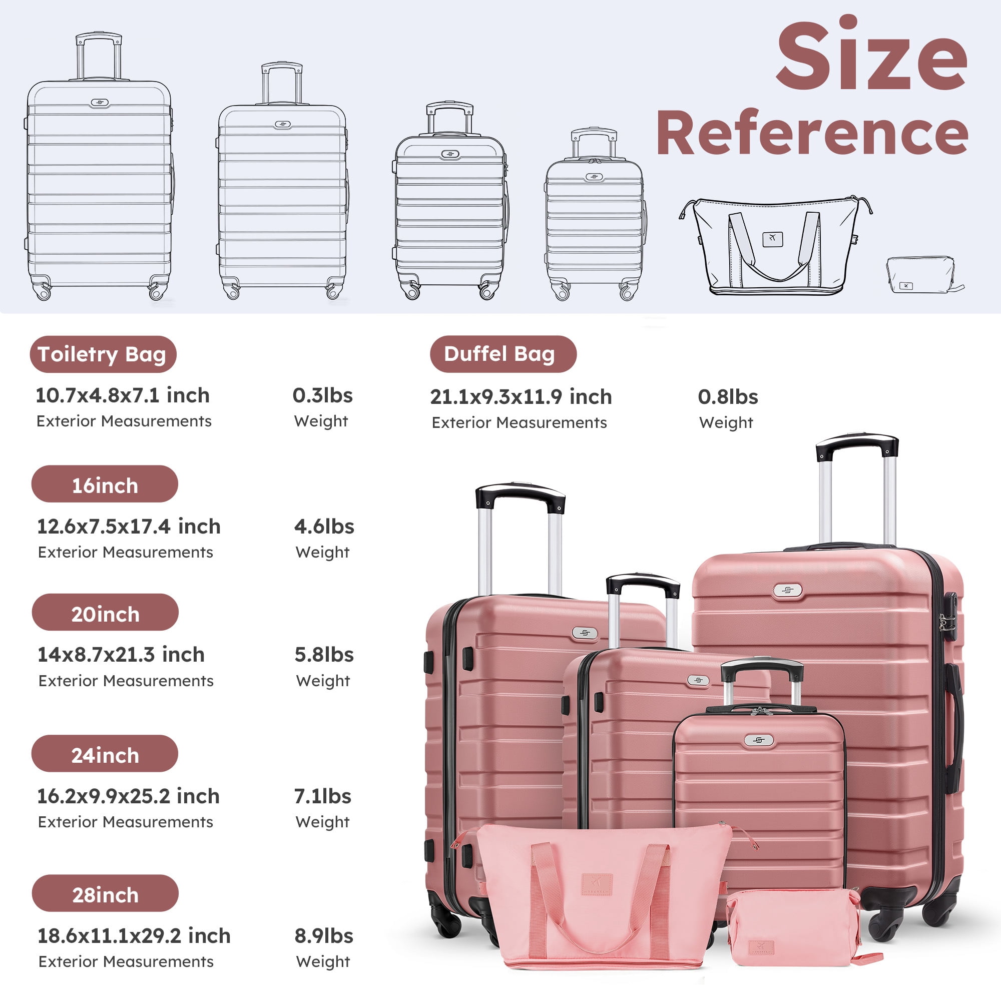 Gowill 6 Piece Luggage Sets,16/20/24/28 inch Hardside Lightweight ABS Suitcase With Expandable Duffle Bag (Rose Gold)