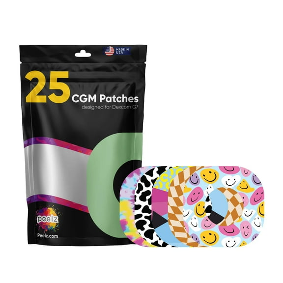 Peelz Dexcom G7 Adhesive Patches 25 Pack - US-Made Waterproof CGM Sensor Patches for 14 Days (Groovy Pack)