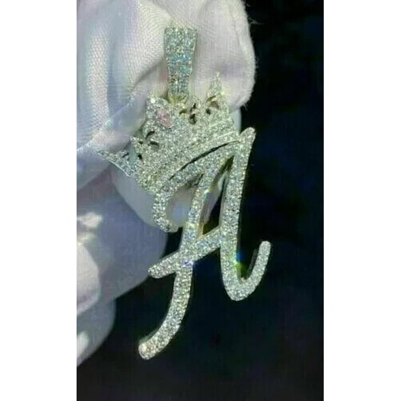 Men's 2Ct Round Cut Lab Created Diamond Crown Initial A Pendant 14K White Gold Plated Silver