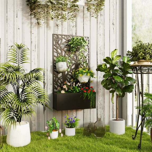 Outsunny Metal Raised Garden Bed with Trellis, Freestanding or Wall Mounted Raised Flower Bed with Privacy Panel for Garden, Patio, Balcony