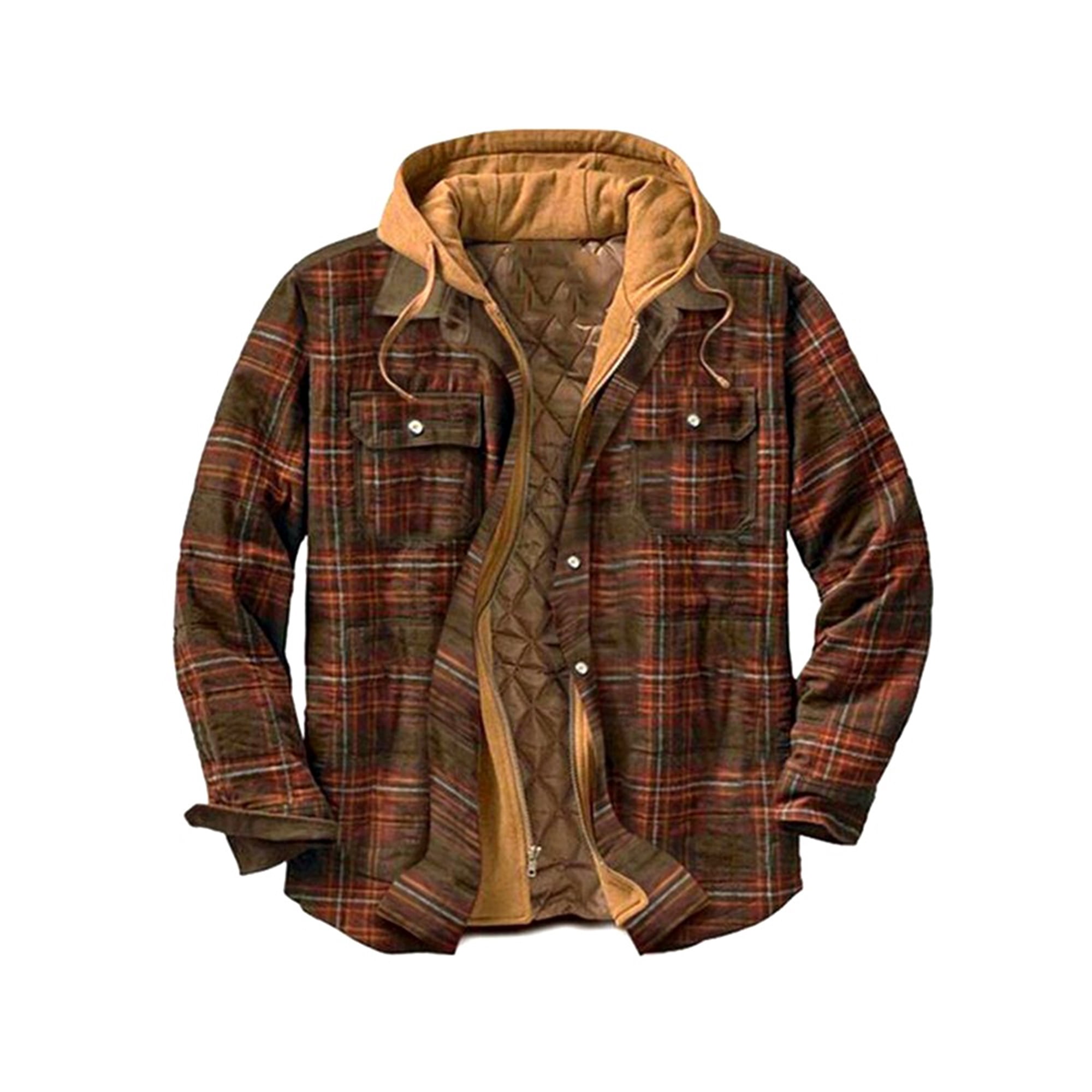 Mens Flannel Shirt Jacket with Hooded Thicken Warm Quilted Lined