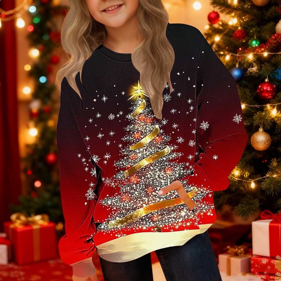 BaoFuBaoMei Boys Girls Sweatshirts No Hood Christmas Christmas Tree Long Cuffed Sleeve Pullover Tops with Pockets Loose Crew Neck Fall Outfits for School Daily Wear Outdoor