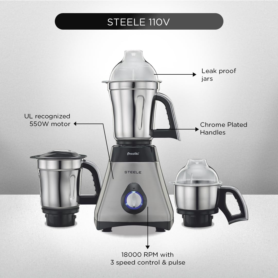 Preethi Steele 3-Jar Mixer Grinder, 550-Watt, Silver