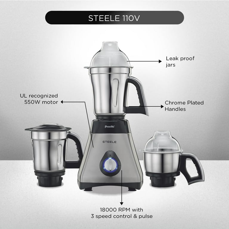 Preethi Steele 3-Jar Mixer Grinder, 550-Watt, Silver