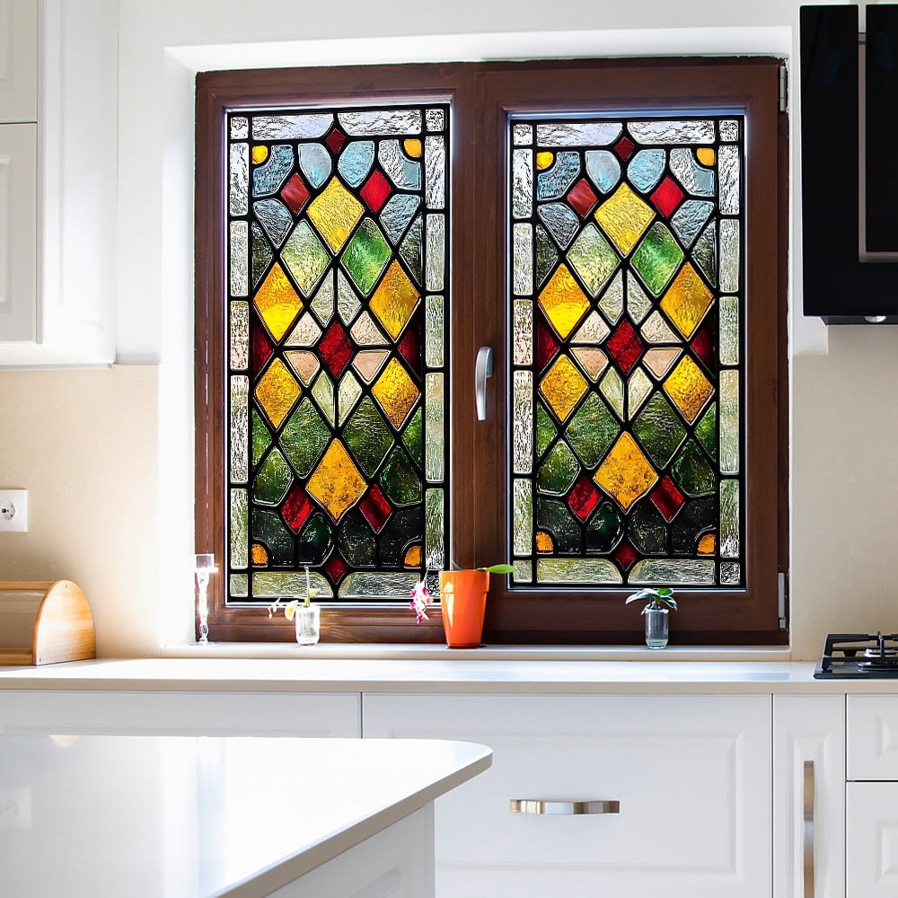Todaioua Privacy Windows Film European Church Style Stained Glass No Glue Static Cling Decorative Frosted Window Stickers for Home/Office, 11''x34''(38x85cm)
