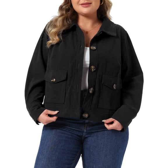 Agnes Orinda Women's Plus Size Short Jacket Lapel Button Down Long Sleeve Fall Casual Corduroy Jackets with Pockets 2X Black