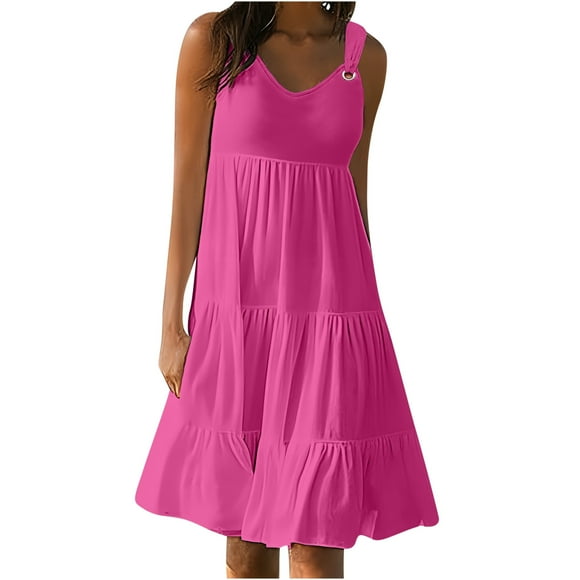 QIPOPIQ Women Summer Casual Swing T Shirt Dresses Beach Cover up Plain Tiered Tank Dress with Pockets Clearance