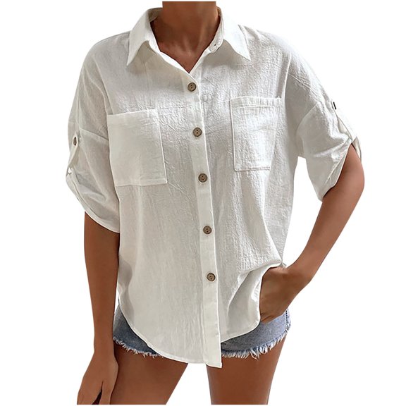 TIHLMK Light Weight Button Down Shirts Womens Button Down Shirt with Pockets Short Sleeve Turndown Collar Solid Summer Top Blouses White Shirt