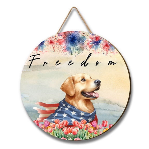Freedom Golden Retriever on Independence Day 4th of July Round Wood Sign Goldens Dog Lover Gifts Idea Hanging Wall Home Decor - 01005