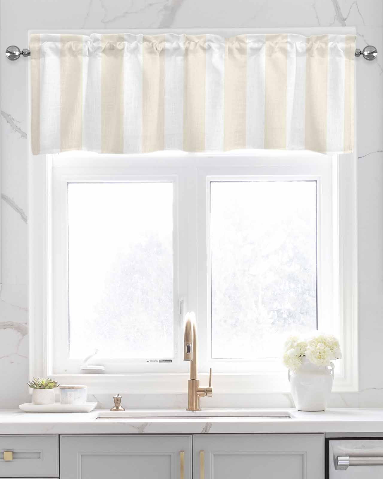 Cream Striped Linen Curtain Valance for Bedroom/Bathroom/Kitchen/Living/Dining Room Window,Geometric White Vertical Stripes Minimalist Pocket Topper Drapes Decorative Cafe Drapery Panel 60"x18"