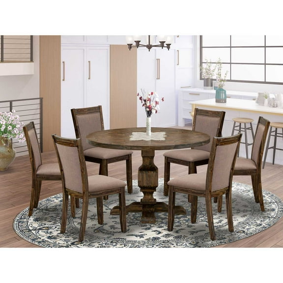 Modern 7 Piece Dining Set - Round Wood Table & 6 Parsons Chairs - Distressed Jacobean Finish
