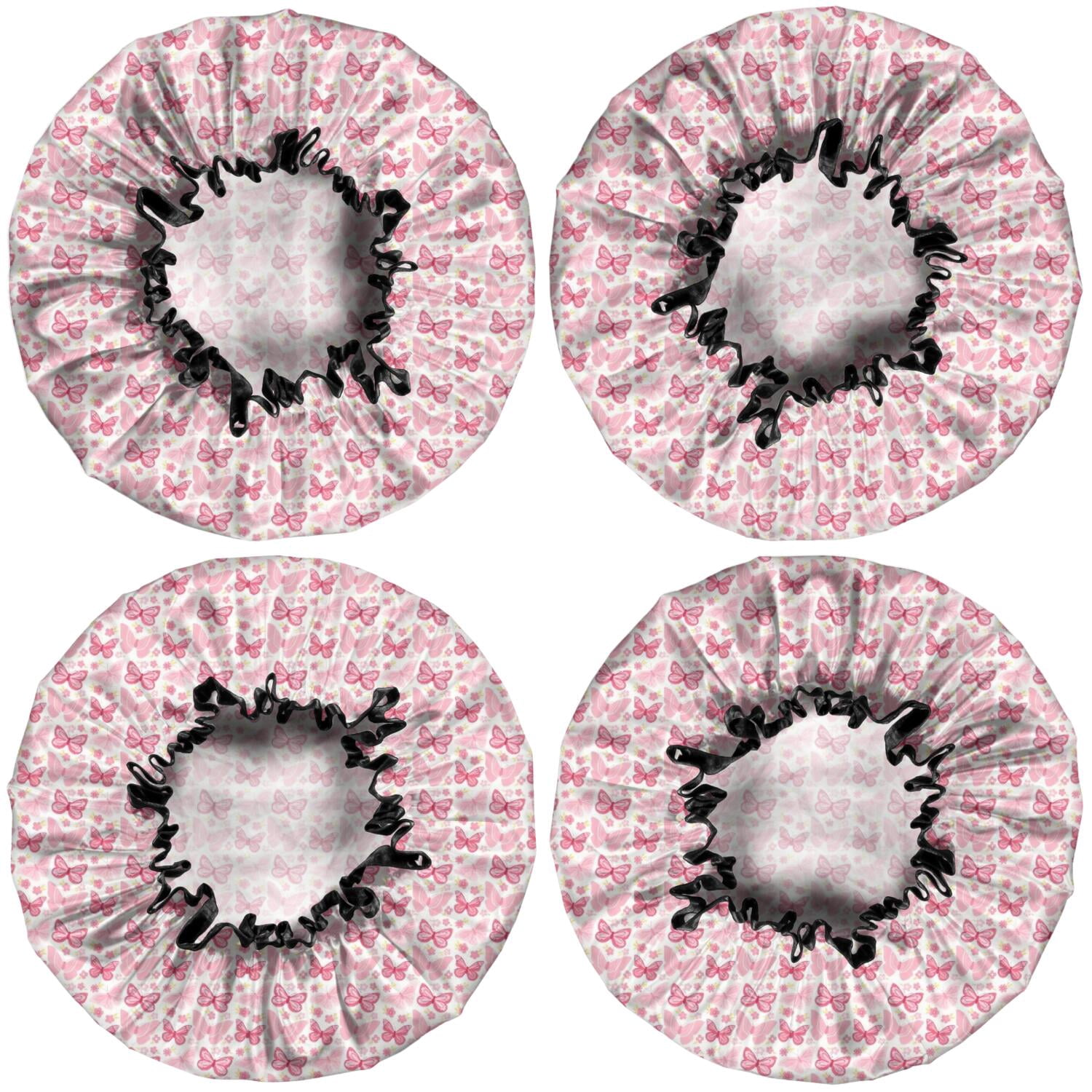 Shower Caps,Light Pink Butterfly Pattern Waterproof Shower Cap for Women 4 Pieces,Double Reusable Hair Cover for Shower PEVA Elastic Stretch Hem