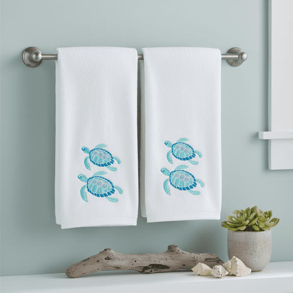 Serafina Home Summer Soft Absorbent Guest Sea Turtle Hand Towels: Bright Aqua Blue Turquoise Embroidery Design, 2 Piece (Sea Turtles)