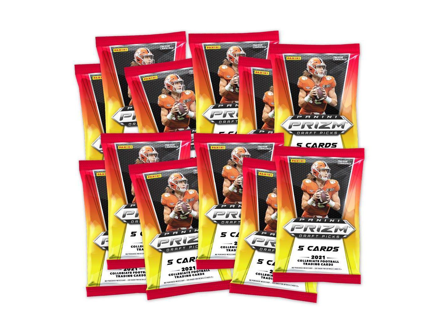 Collegiate Panini 2021 Prizm Draft Picks Football Trading Card MEGA Box (12 Packs, 1 RED Ice prizm Autograph)