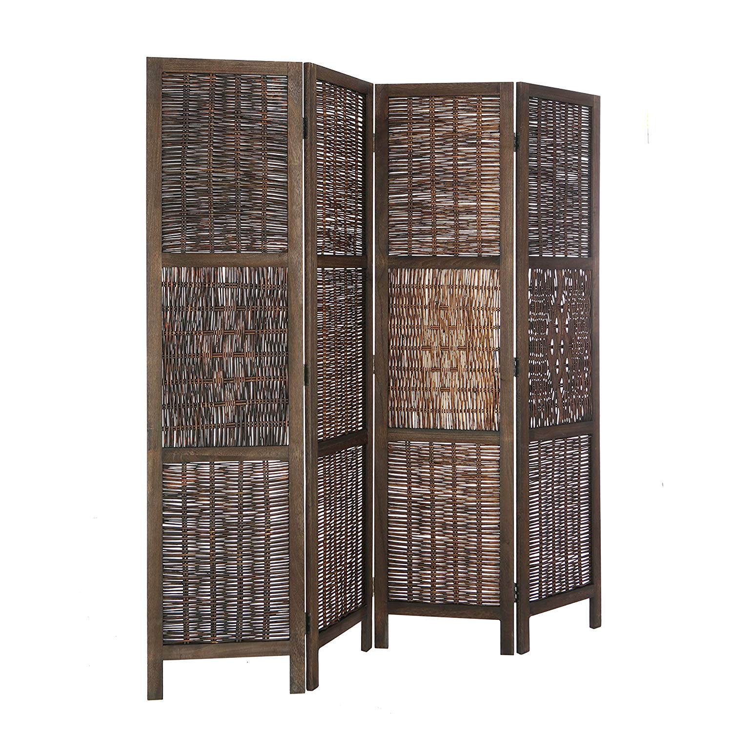 Legacy Decor Antique Wicker and Wood Diamond Design 4 Panel Room Divider, 67" Tall, Brown - image 2 of 5