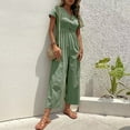 thumbnail image 3 of VBARHMQRT Combinaison en Denim pour Femmes, Couleur Unie, Manches Courtes, Boutonnée, Décontractée, Jambes Larges, Courte, 3 of 4