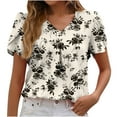 thumbnail image 7 of Wycnly Womens Blouses and Tops Dressy Beach Boho Fashion Petal Sleeve Pleated Hem Loose Lightweight Tunic Shirts Summer Floral Print V-Neck Short Sleeve Cute Tees Tops Beige l, 7 of 7