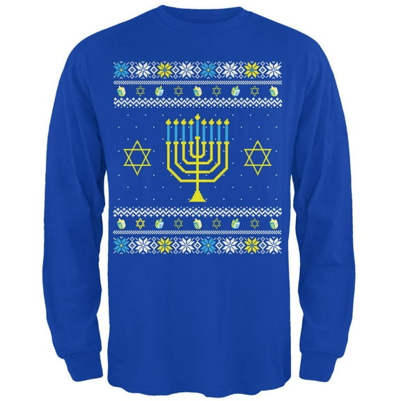 Menorah Ugly Hanukkah Sweater Royal Adult Long Sleeve T-Shirt - X-Large