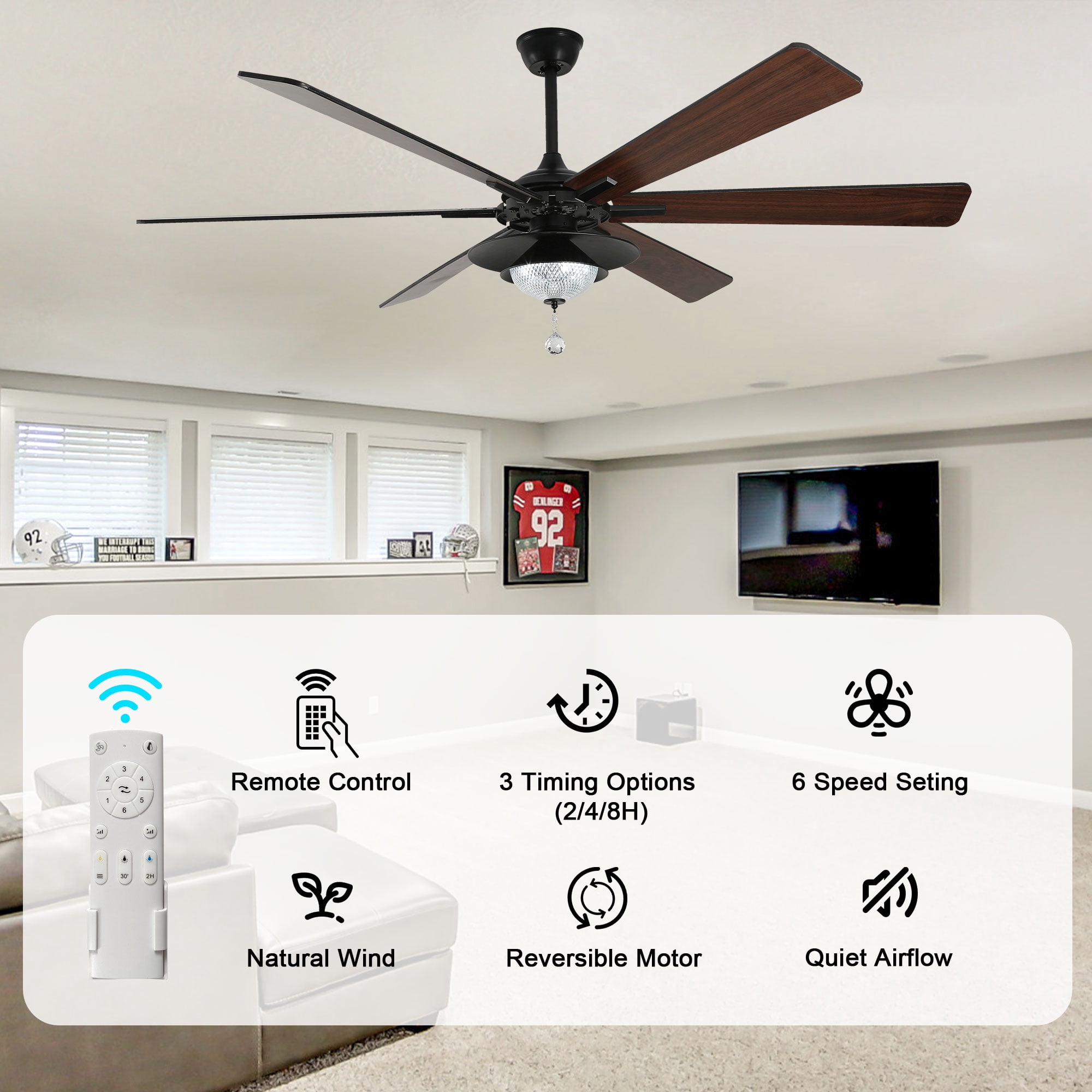 Bella Depot 72" Modern LED Ceiling Fan 6-Speed Reversible Chandelier With Dimmable Light and Remote Control