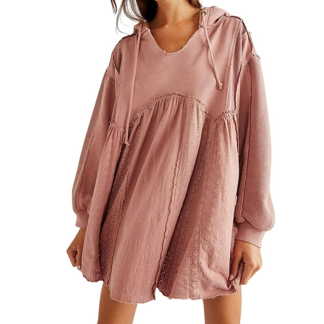 Mialoley Robe Sweat-Shirt pour Femmes Manches Longues avec Cordon de Serrage Patchwork Dentelle Mini Robe Courte à Capuche