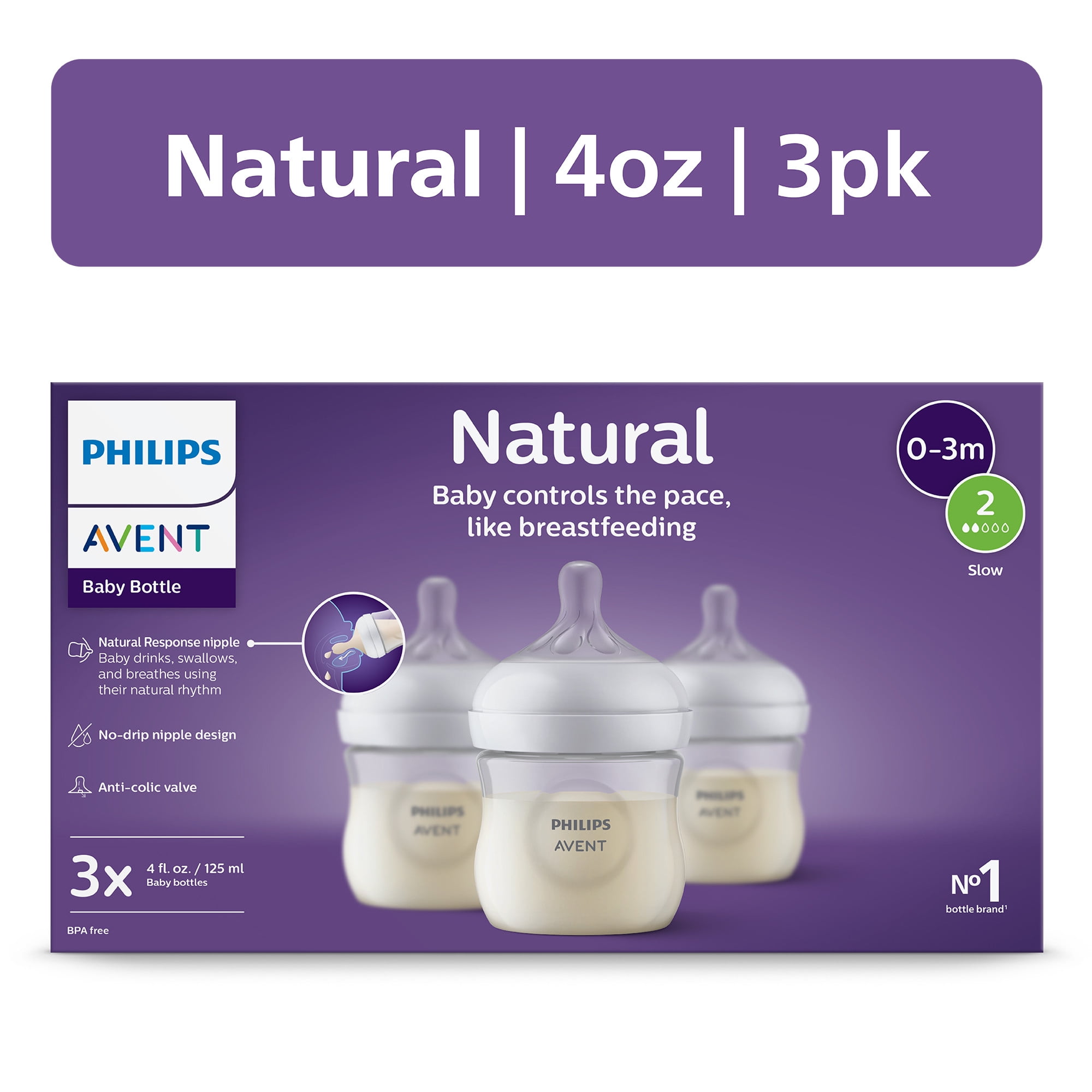 (2 pack) Philips Avent Natural Baby Bottle with Natural Response Nipple (Slow Flow, Flow 2), 4oz, 3-Pack, SCY900/93