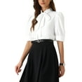 thumbnail image 4 of INSPIRE CHIC Women's Bow Tie Solid Color Puff Short Sleeve Button Down Bodysuit Blouse XS White, 4 of 6