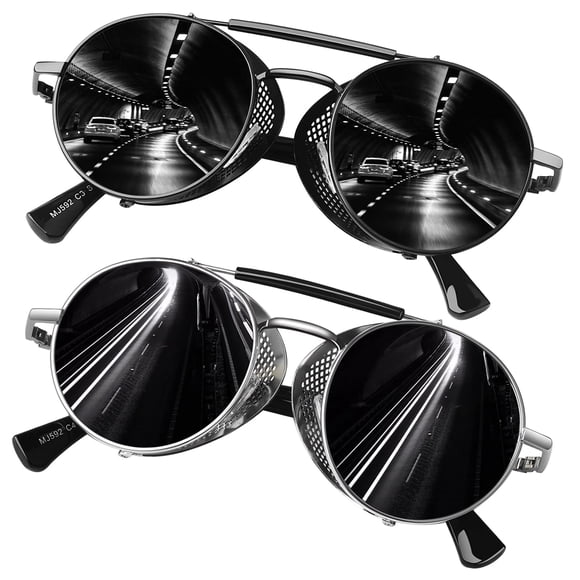 Gafas de Sol Steampunk Retro Redondas SUNIER UV400 Negro Rojo Paquete de 2