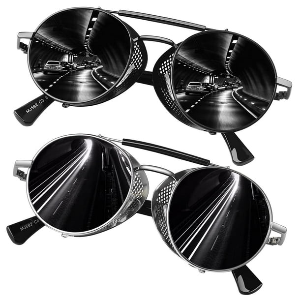 Gafas de Sol Steampunk Retro Redondas SUNIER UV400 Negro Rojo Paquete de 2
