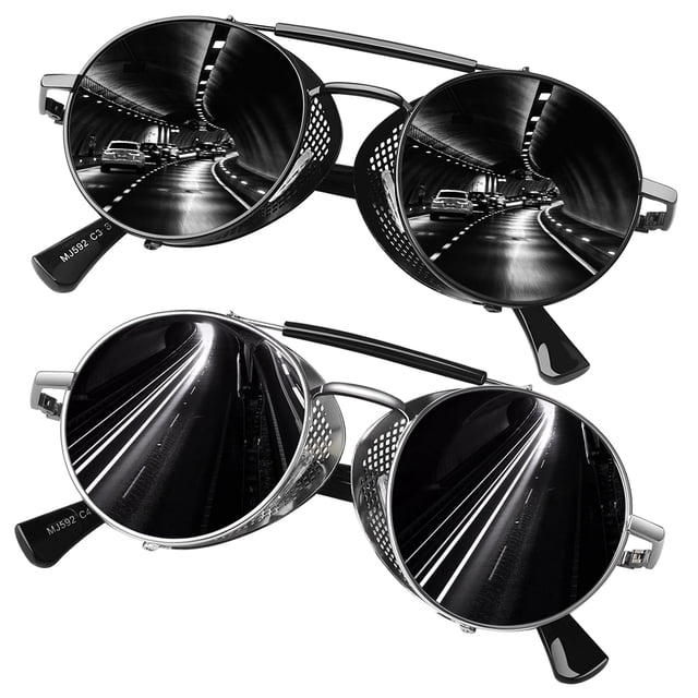 Gafas de Sol Steampunk Retro Redondas SUNIER UV400 Negro Rojo Paquete de 2