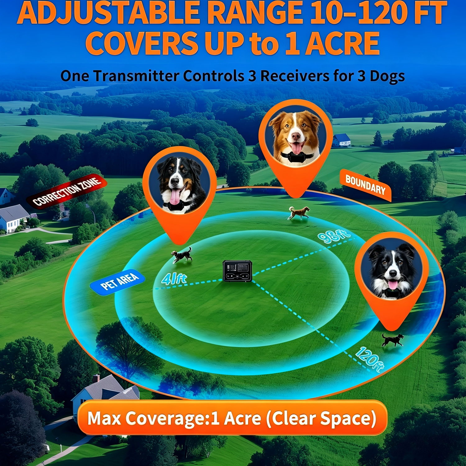 Wireless Dog Fence for 3 Dogs – 10-120ft Adjustable Range, 1 Acre High-Precision Radar Wireless Dog Fence System, IPX7 Waterproof Collar for Indoor/Outdoor(1 Collars)