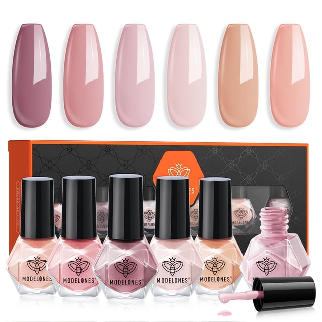 Set de esmaltes de uñas Modelones, 6 colores neutros, color nude, secado rápido