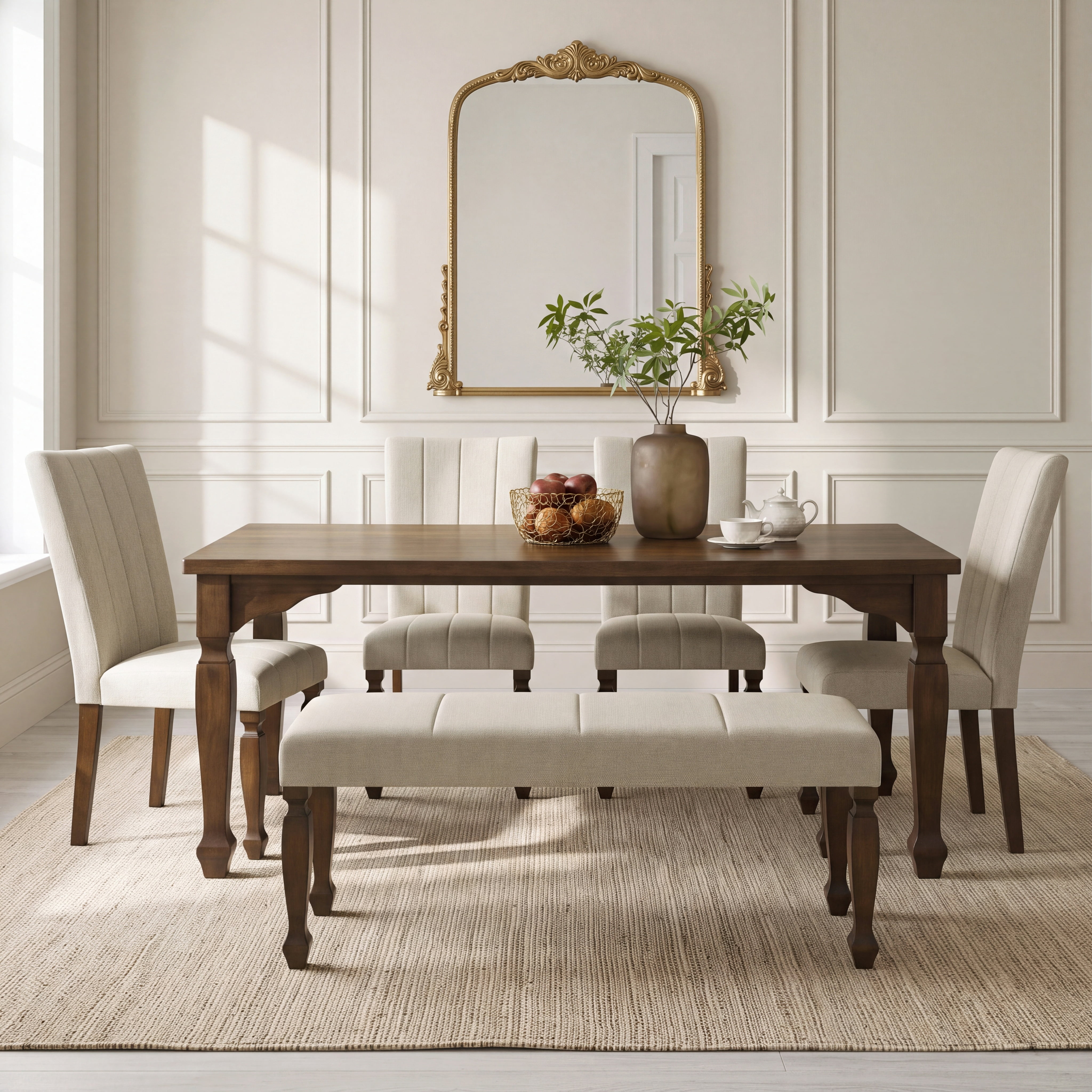 Roundhill Furniture Rowan 6-Piece Dining Set, 72-inch Dining Table with 4 Chairs and Bench, Walnut Finish