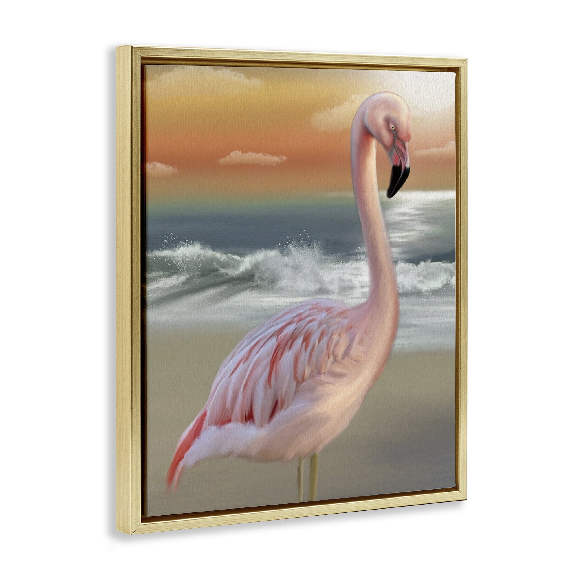 Stupell Industries Coastal Beach Flamingo Gold Framed Floater Canvas Wall Art, design by Matthew Piotrowicz