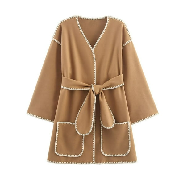 Gpaecead Women's V-Neck Tweed Coat With Belt, Long Sleeve Casual Waist-Tie Jacket Brown