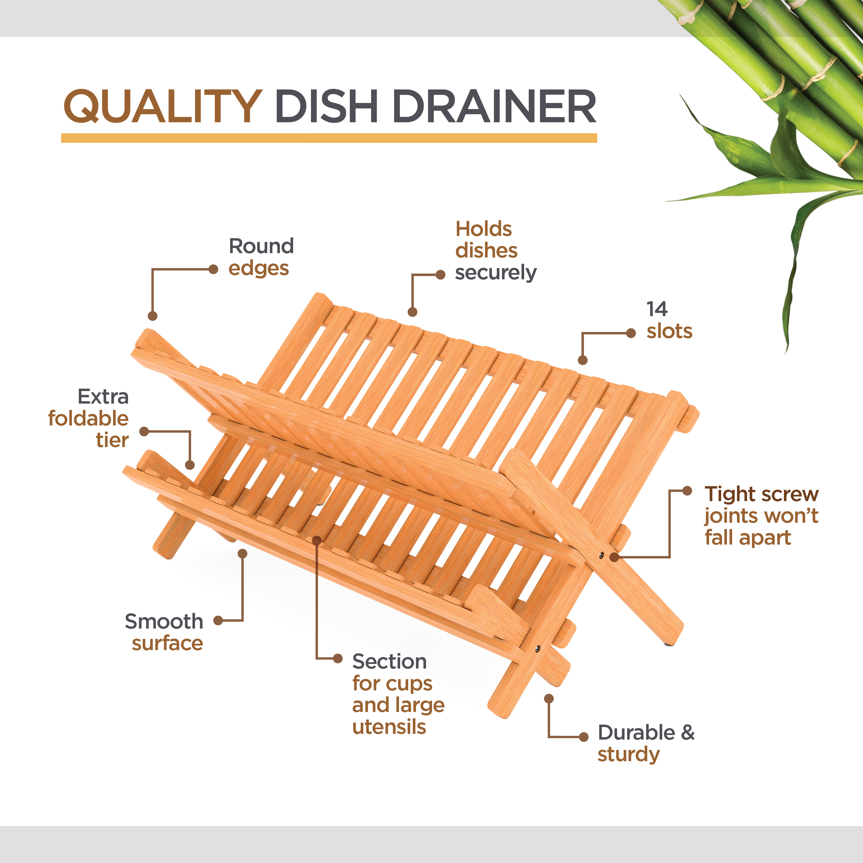 Bamboo Dish Rack Foldable Drying Collapsible Dish Drainer Wooden Plate Rack - image 4 of 7