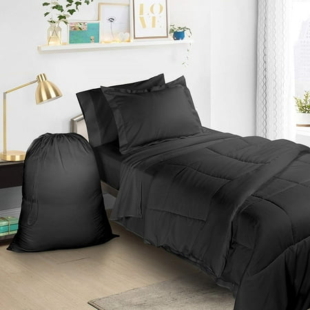 Black And Cream Bed Sets Clara Clark Twin XL Bed in A Bag 6pcs Bedding - Comforter Set, Black, College School Dorm Bedroom Value Essential Bundle, Includes Flat and Fitted Sheets, Pillowcase, Pillow Sham and Laundry Bag ()