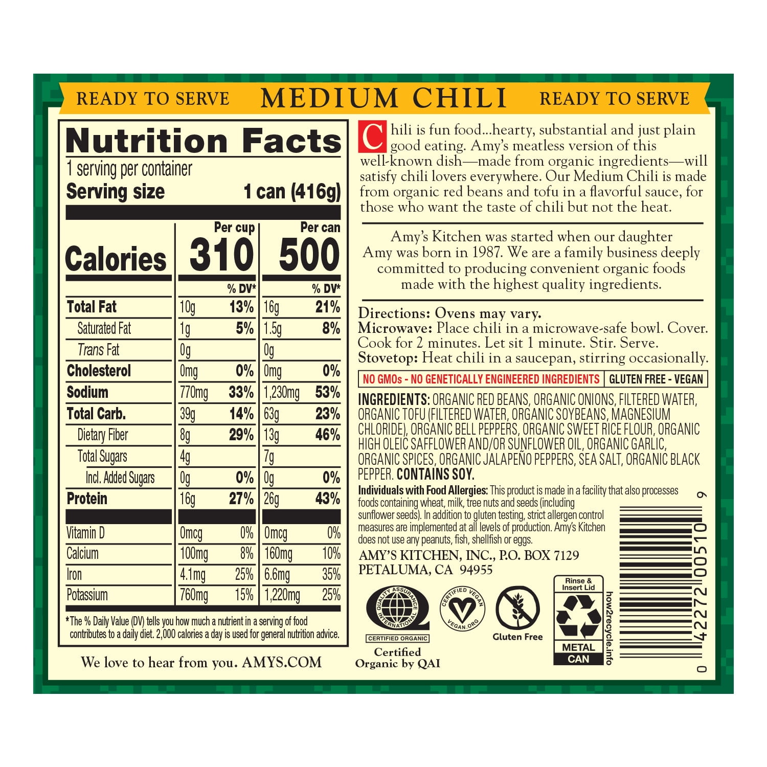 (6 pack) Amy’s Organic Medium Chili, Plant-Based Vegan Chili, Gluten Free, Made With Organic Red Beans and Tofu, Canned Chili, 14.7 Oz