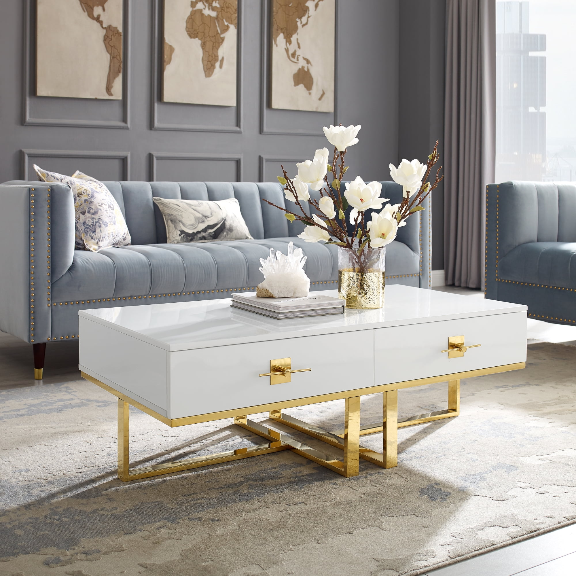 White and gold coffee clearance table with storage