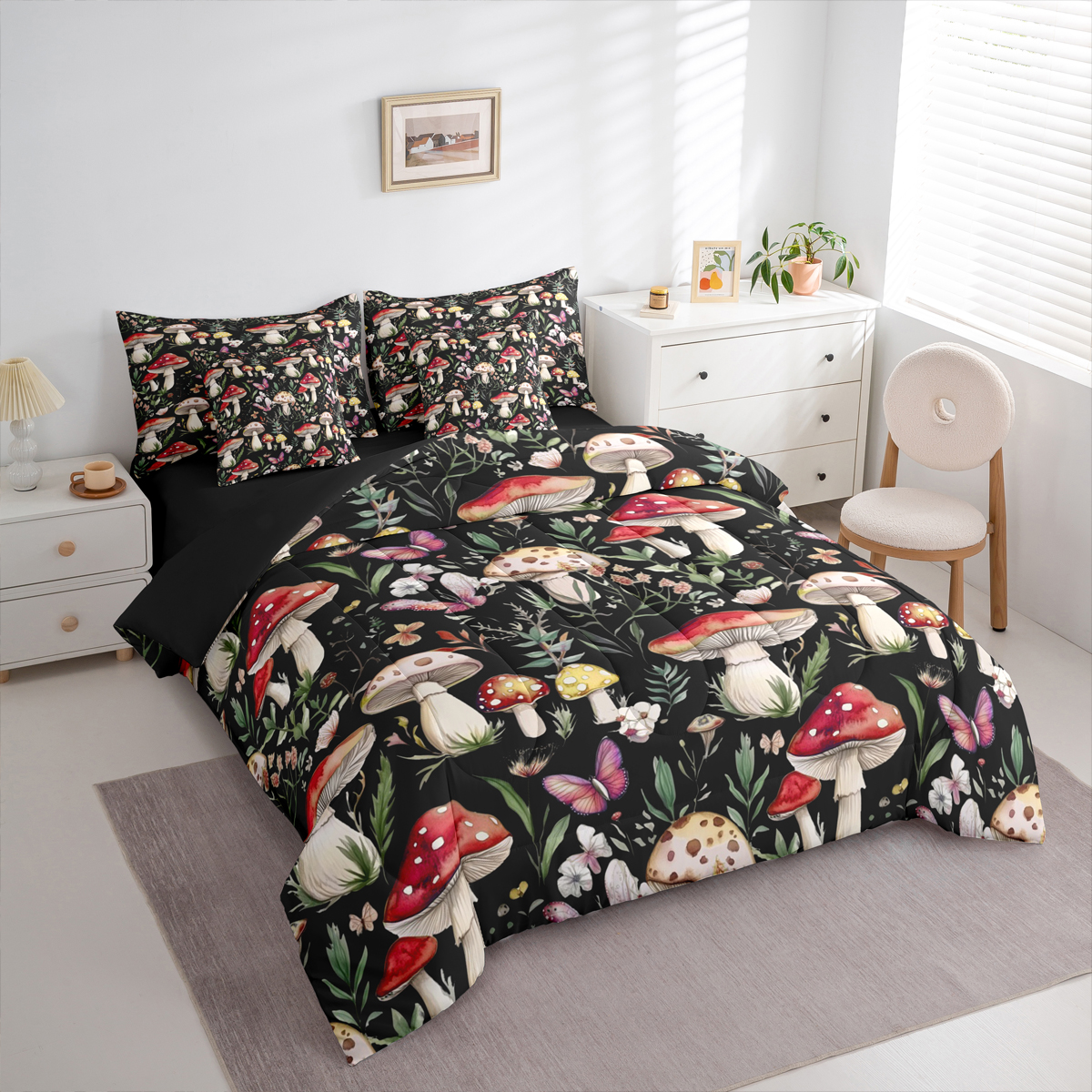 Homewish Kawaii Pink Butterfly 7-Piece King Bedding Set Red Mushroom Rustic Floral Breathable Reversible Decor For Teens