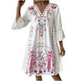 thumbnail image 2 of Blczomt Casual Women Dresses Mini Pink 3/4 Sleeve Graphic A Line Loose V Neck Lace Dress, 2 of 6