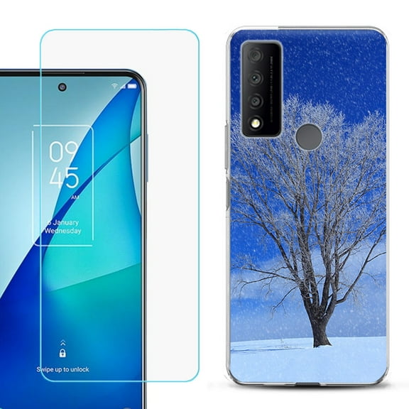 Slim-Fit Gel TPU Phone Case for TCL 4X 5G, with Tempered Glass Screen Protector, by OneToughShield ® - Snowing Tree