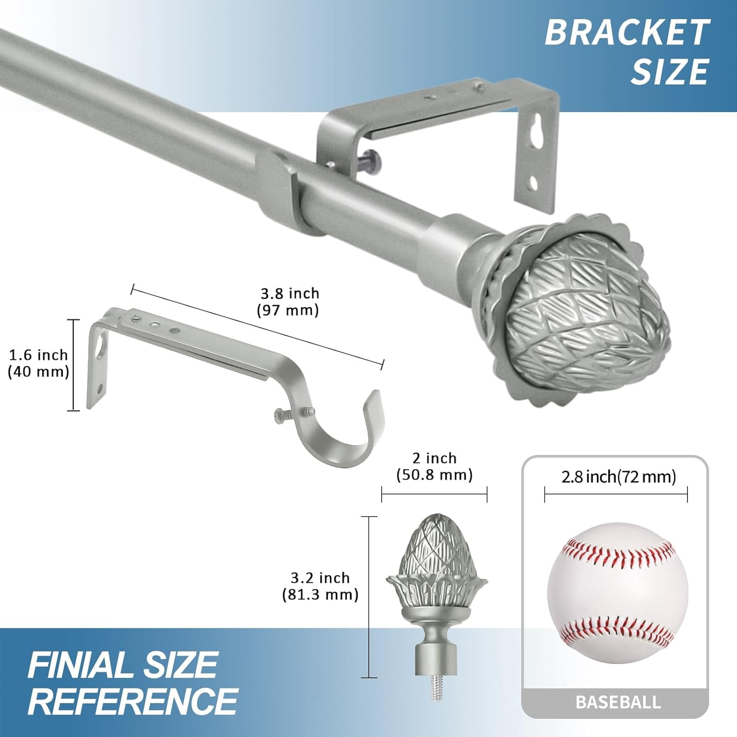 Urbanest Adjustable Single Curtain Rod Set With Artichoke Finials – 5/8-Inch Diameter, Pewter, 28–48 Inches
