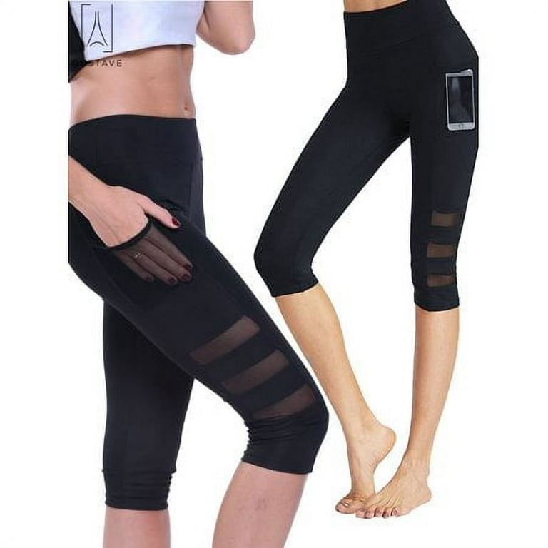 Gustave Women's High Waist Mesh Yoga Pants Capris Tummy Control Running  Workout Leggings Athletic Capri Pants with Pockets Black, L 