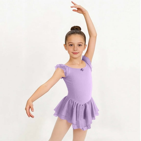 hengsof Girls Solid Color Dance Leotard Sweet Ruffle Sleeve Round Neck Mesh Skirt Ballet Practice Romper 3-15 Years
