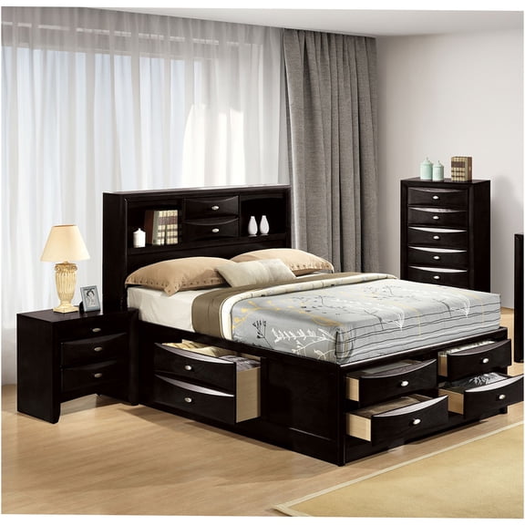 JERFIT Modern Full Size Bed Set with Bookcase Headboard & 2 Nightstands, Black Bedroom Furniture with Storage Drawers