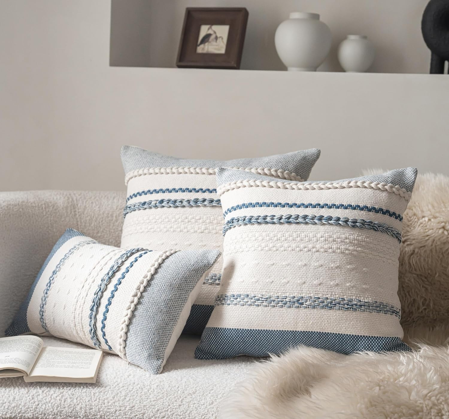Boho Style Throw Pillow Covers Set of 2 18x18 Inch Textured Blue Couch Accent Cushion Covers
